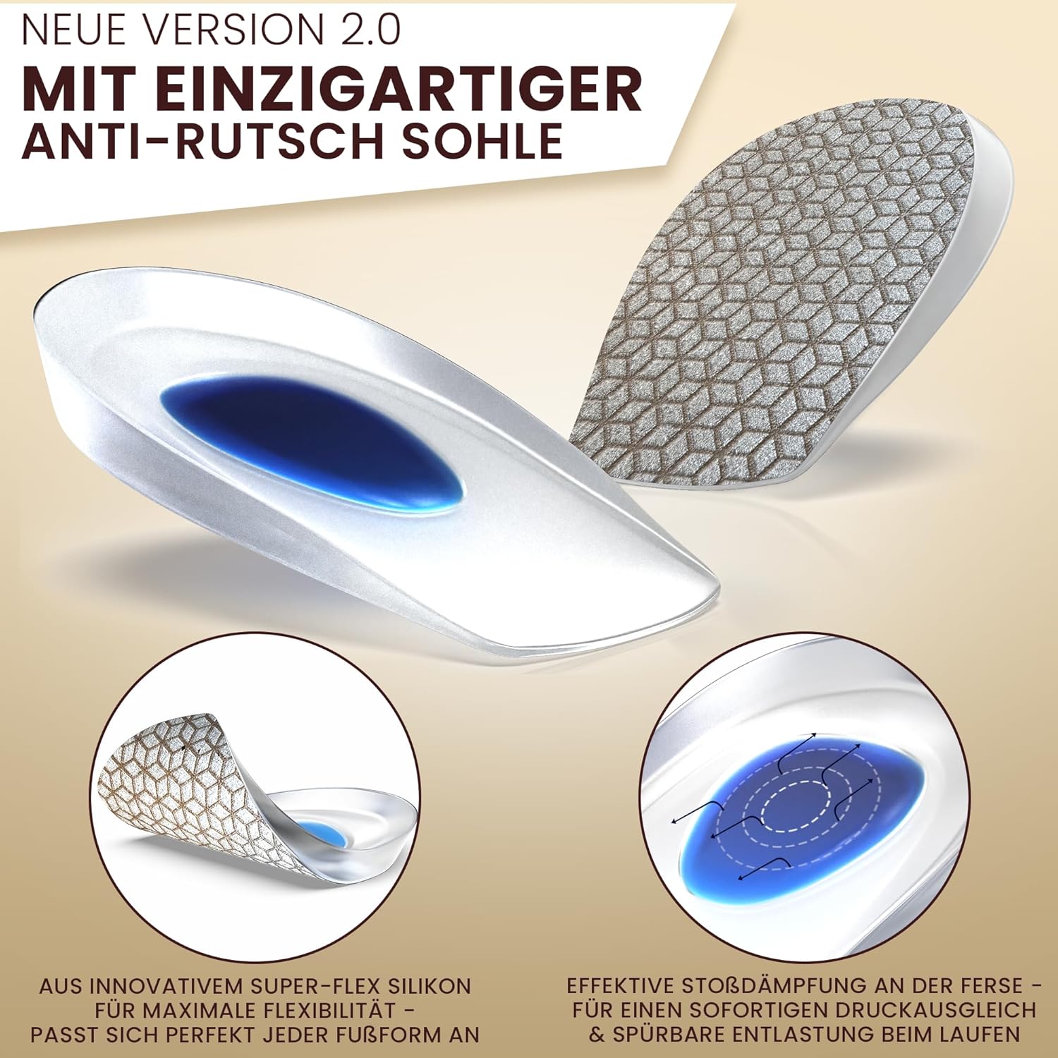 Fersensporn Einlagen Herren – Silikon Fersenkissen mit Anti-Rutsch Sohle